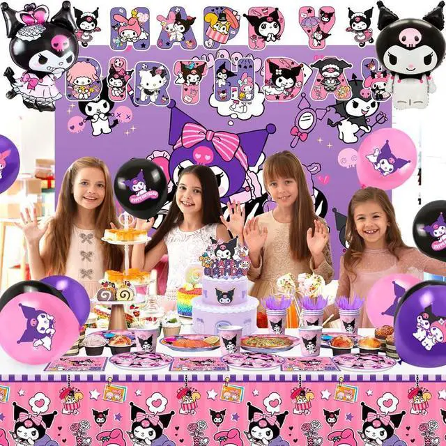 Alt view image 6 of 7 - Kuromi Birthday Party Decoration Supplies, 114 Pcs Kuromi Party Supplies including Kuromi Cake Toppers Balloons Banners Plates Napkins Cups Kuromi Party Decorations for Girls and Boys