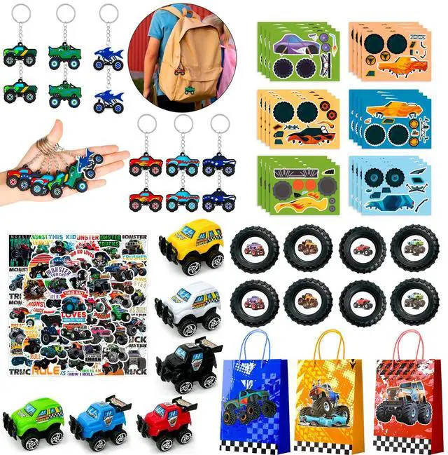 Main image of Monster Truck Favors, 110pcs All-In-One Mini Monster Trucks Party Favors Pack Including Monster Truck Theme Keychain Bags Stickers Toys Ring etc Monster Truck Birthday Party Favors for Boys Kids