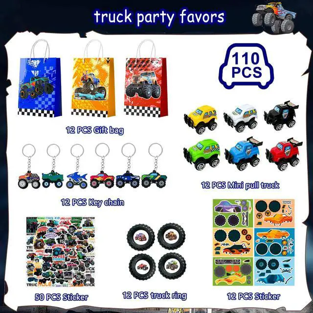 Alt view image 2 of 7 - Monster Truck Favors, 110pcs All-In-One Mini Monster Trucks Party Favors Pack Including Monster Truck Theme Keychain Bags Stickers Toys Ring etc Monster Truck Birthday Party Favors for Boys Kids