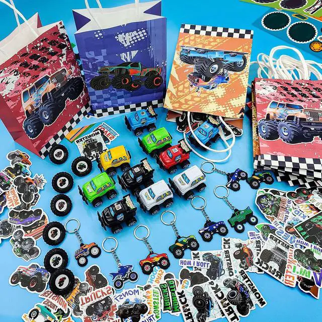 Alt view image 3 of 7 - Monster Truck Favors, 110pcs All-In-One Mini Monster Trucks Party Favors Pack Including Monster Truck Theme Keychain Bags Stickers Toys Ring etc Monster Truck Birthday Party Favors for Boys Kids