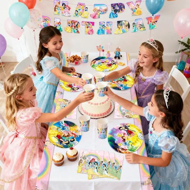 Alt view image 5 of 7 - Princess Birthday Decorations Tableware,126 Pcs Princess Party Decorations Set - Princess Theme Party Plate Cups Napkins Tablecloth Banners etc Princess Birthday Party Supplies Serves 16