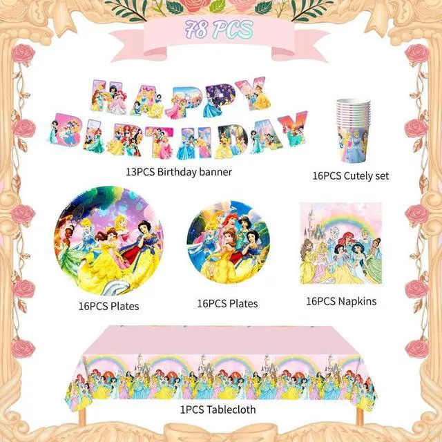 Alt view image 2 of 7 - Princess Birthday Decorations Tableware,126 Pcs Princess Party Decorations Set - Princess Theme Party Plate Cups Napkins Tablecloth Banners etc Princess Birthday Party Supplies Serves 16