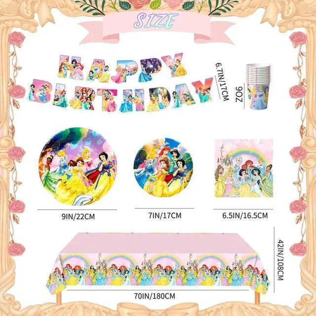 Alt view image 7 of 7 - Princess Birthday Decorations Tableware,126 Pcs Princess Party Decorations Set - Princess Theme Party Plate Cups Napkins Tablecloth Banners etc Princess Birthday Party Supplies Serves 16