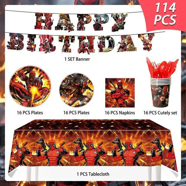 Alt view image 2 of 7 - Deadpool Party Tableware,114pcs Basketball Birthday Tableware Set - Deadpool Plates and NapkinsTablecloths & Deadpool Happy Birthday Banner etc Deadpool Themed Tableware for Kids,Serves 16