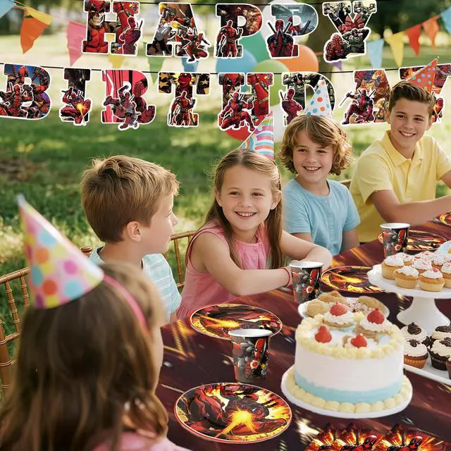 Alt view image 5 of 7 - Deadpool Party Tableware,114pcs Basketball Birthday Tableware Set - Deadpool Plates and NapkinsTablecloths & Deadpool Happy Birthday Banner etc Deadpool Themed Tableware for Kids,Serves 16