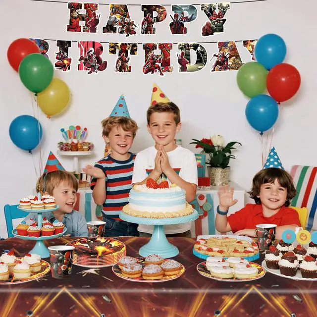 Alt view image 7 of 7 - Deadpool Party Tableware,114pcs Basketball Birthday Tableware Set - Deadpool Plates and NapkinsTablecloths & Deadpool Happy Birthday Banner etc Deadpool Themed Tableware for Kids,Serves 16