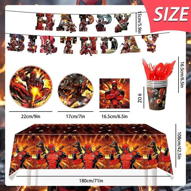 Alt view image 6 of 7 - Deadpool Party Tableware,114pcs Basketball Birthday Tableware Set - Deadpool Plates and NapkinsTablecloths & Deadpool Happy Birthday Banner etc Deadpool Themed Tableware for Kids,Serves 16