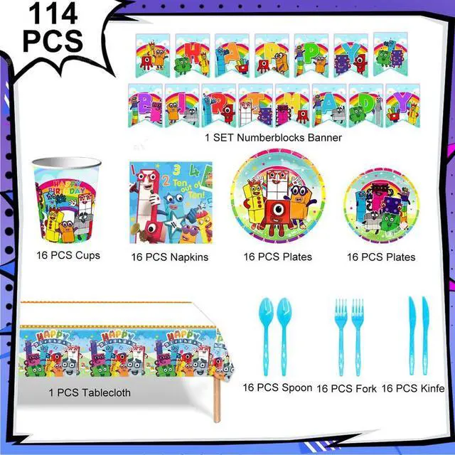 Alt view image 2 of 7 - 114pcs Number Blocks Party Tableware Set - Number Blocks Plates and Napkins Tablecloth & Happy Birthday Banner etc Number Blocks Themed Tableware for Number Blocks Party Decorations