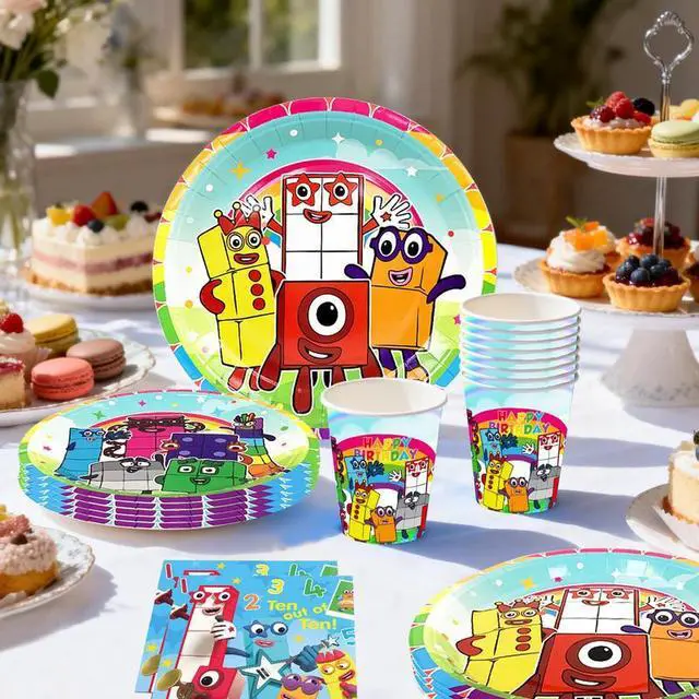 Alt view image 6 of 7 - 114pcs Number Blocks Party Tableware Set - Number Blocks Plates and Napkins Tablecloth & Happy Birthday Banner etc Number Blocks Themed Tableware for Number Blocks Party Decorations