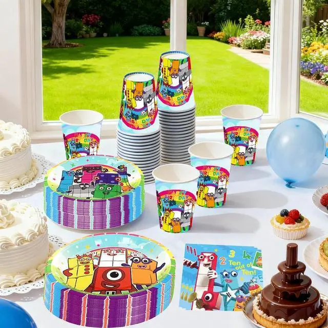 Alt view image 5 of 7 - 114pcs Number Blocks Party Tableware Set - Number Blocks Plates and Napkins Tablecloth & Happy Birthday Banner etc Number Blocks Themed Tableware for Number Blocks Party Decorations