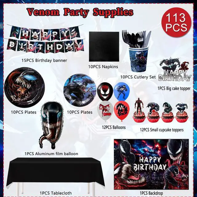 Alt view image 2 of 7 - Venom Birthday Party Decoration Supplies, 113 Pcs Venom Party Supplies including Venom Cake Decorations Balloons Banners Plates Napkins Cups and Other Venom Party Decorations for Girls and Boys