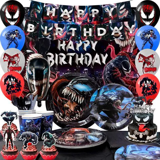 Main image of Venom Birthday Party Decoration Supplies, 113 Pcs Venom Party Supplies including Venom Cake Decorations Balloons Banners Plates Napkins Cups and Other Venom Party Decorations for Girls and Boys