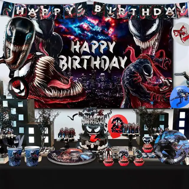 Alt view image 5 of 7 - Venom Birthday Party Decoration Supplies, 113 Pcs Venom Party Supplies including Venom Cake Decorations Balloons Banners Plates Napkins Cups and Other Venom Party Decorations for Girls and Boys