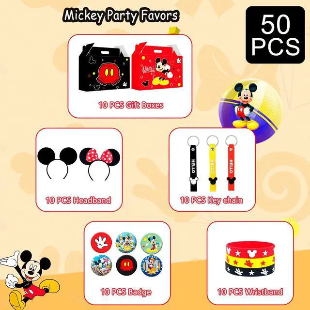 Alt view image 2 of 7 - Mouse Party Favors, All-in-One Mickey Party Favors Packs - Mouse Ears Headband & Cartoon Mouse Treat Box & Mickey Party Silicone Bracelet Keychains Button Pin etc Mickey Mouse Party Supplies for Kids