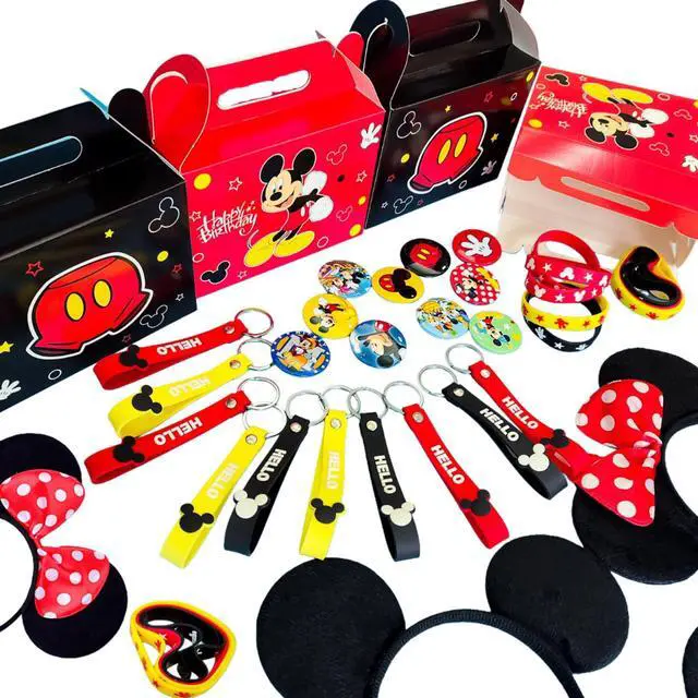 Main image of Mouse Party Favors, All-in-One Mickey Party Favors Packs - Mouse Ears Headband & Cartoon Mouse Treat Box & Mickey Party Silicone Bracelet Keychains Button Pin etc Mickey Mouse Party Supplies for Kids