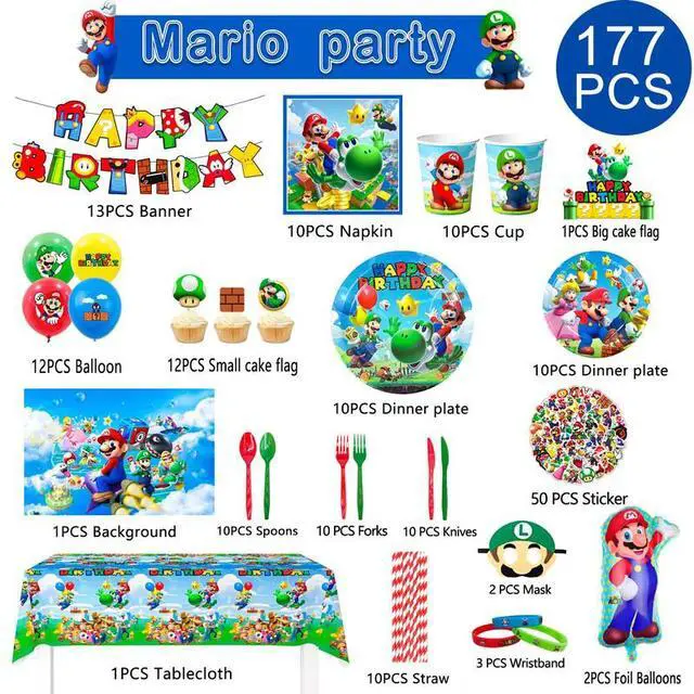 Alt view image 2 of 7 - Su-perr M-arioo Birthday Party Supplies,177pcs M-arioo Party Decorations&Tableware Set-M-arioo Party Plates Cups Napkins Table Cloth Balloons Backdrop Banner etc Su-perr M-arioo Birthday Decorations