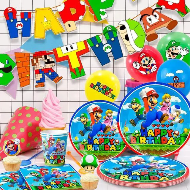 Alt view image 6 of 7 - Su-perr M-arioo Birthday Party Supplies,177pcs M-arioo Party Decorations&Tableware Set-M-arioo Party Plates Cups Napkins Table Cloth Balloons Backdrop Banner etc Su-perr M-arioo Birthday Decorations