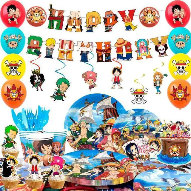 Main image of One Piece Birthday Party Supplies, 117pcs One Piece Party Decorations & Tableware Set - One Piece Banner Balloons Hanging Swirls Cake Topper Plates Cups etc One Piece Birthday Decorations for Kids