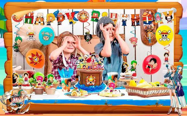 Alt view image 7 of 7 - One Piece Birthday Party Supplies, 117pcs One Piece Party Decorations & Tableware Set - One Piece Banner Balloons Hanging Swirls Cake Topper Plates Cups etc One Piece Birthday Decorations for Kids