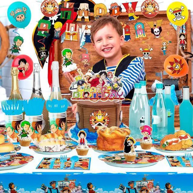 Alt view image 5 of 7 - One Piece Birthday Party Supplies, 117pcs One Piece Party Decorations & Tableware Set - One Piece Banner Balloons Hanging Swirls Cake Topper Plates Cups etc One Piece Birthday Decorations for Kids