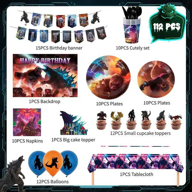Alt view image 2 of 7 - Godzilla Party Supplies,112 Pcs Godzilla Birthday Decorations & Tableware Set - Godzilla Birthday Plates Cups Tablecloth and Godzilla Balloons Backgdrop etc. Godzilla Party Decorations for Boys/Girls