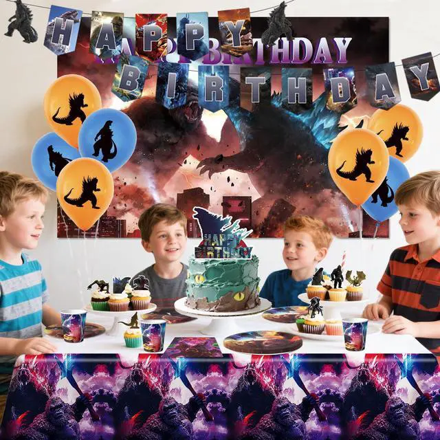 Alt view image 6 of 7 - Godzilla Party Supplies,112 Pcs Godzilla Birthday Decorations & Tableware Set - Godzilla Birthday Plates Cups Tablecloth and Godzilla Balloons Backgdrop etc. Godzilla Party Decorations for Boys/Girls