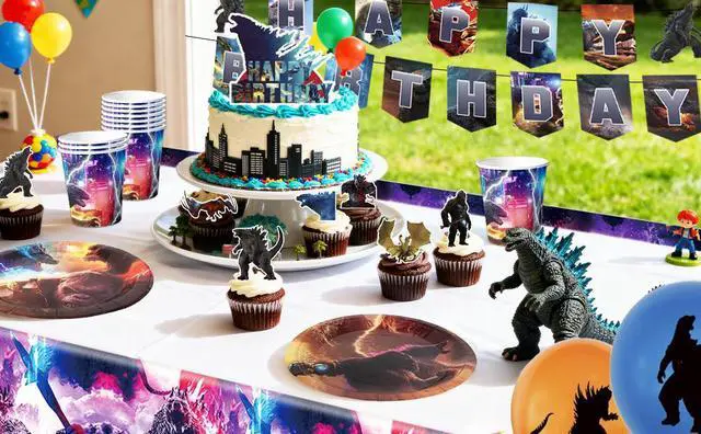Alt view image 7 of 7 - Godzilla Party Supplies,112 Pcs Godzilla Birthday Decorations & Tableware Set - Godzilla Birthday Plates Cups Tablecloth and Godzilla Balloons Backgdrop etc. Godzilla Party Decorations for Boys/Girls