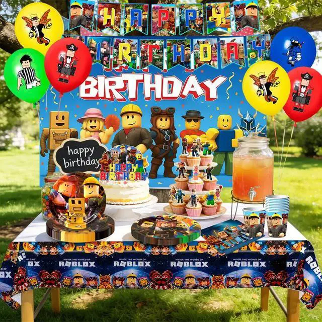 Alt view image 3 of 7 - 112pcs Roblox Party Decorations,Roblox Birthday Decorations Tableware Sets- Roblox Cake Toppers Balloons Backdrops Cups etc Roblox Themed Birthday Party Decorations