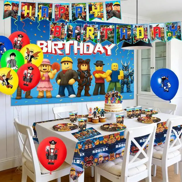 Alt view image 5 of 7 - 112pcs Roblox Party Decorations,Roblox Birthday Decorations Tableware Sets- Roblox Cake Toppers Balloons Backdrops Cups etc Roblox Themed Birthday Party Decorations