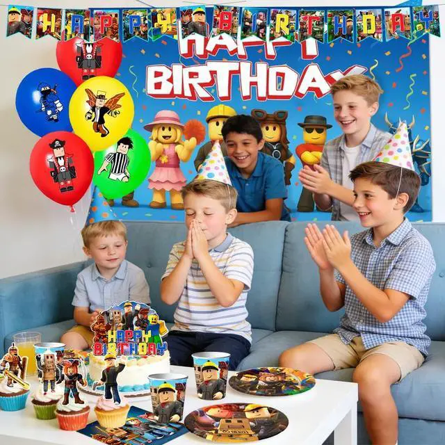 Alt view image 6 of 7 - 112pcs Roblox Party Decorations,Roblox Birthday Decorations Tableware Sets- Roblox Cake Toppers Balloons Backdrops Cups etc Roblox Themed Birthday Party Decorations