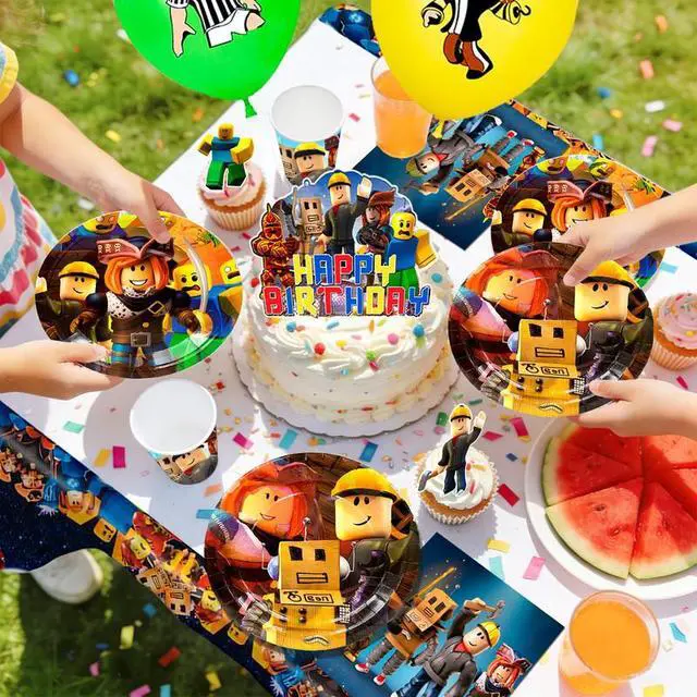 Alt view image 7 of 7 - 112pcs Roblox Party Decorations,Roblox Birthday Decorations Tableware Sets- Roblox Cake Toppers Balloons Backdrops Cups etc Roblox Themed Birthday Party Decorations