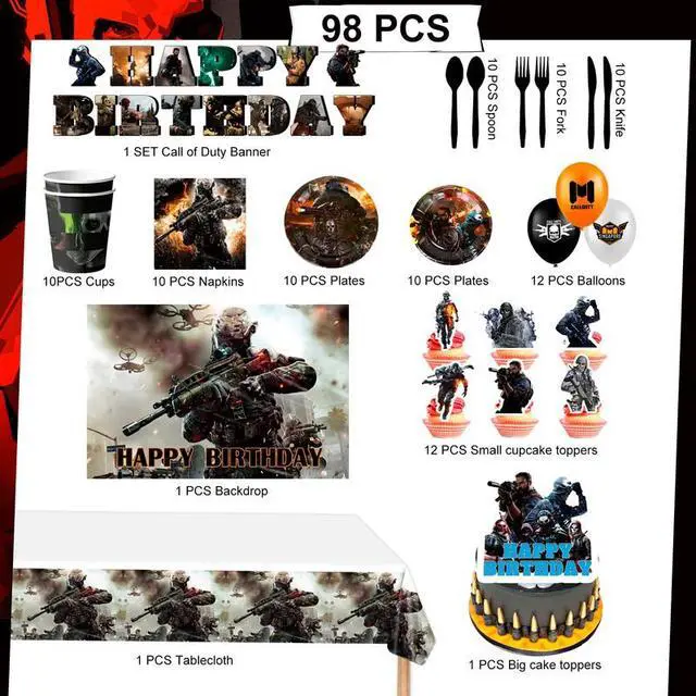 Alt view image 3 of 7 - 98 Pcs Call of Duty Party Decorations & Tableware Set - Call of Duty Cake Toppers Balloons Backdrop Cups etc. Call of Duty Themed Party Decorations for Boys