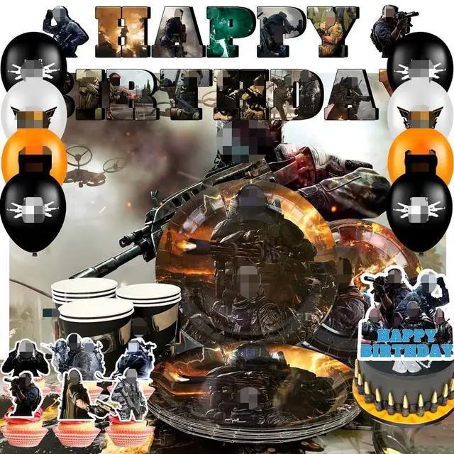 Main image of 98 Pcs Call of Duty Party Decorations & Tableware Set - Call of Duty Cake Toppers Balloons Backdrop Cups etc. Call of Duty Themed Party Decorations for Boys