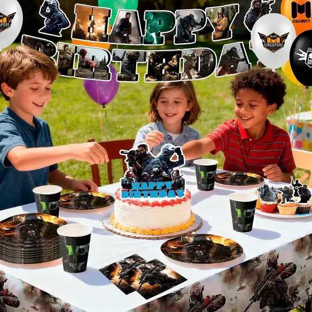 Alt view image 6 of 7 - 98 Pcs Call of Duty Party Decorations & Tableware Set - Call of Duty Cake Toppers Balloons Backdrop Cups etc. Call of Duty Themed Party Decorations for Boys