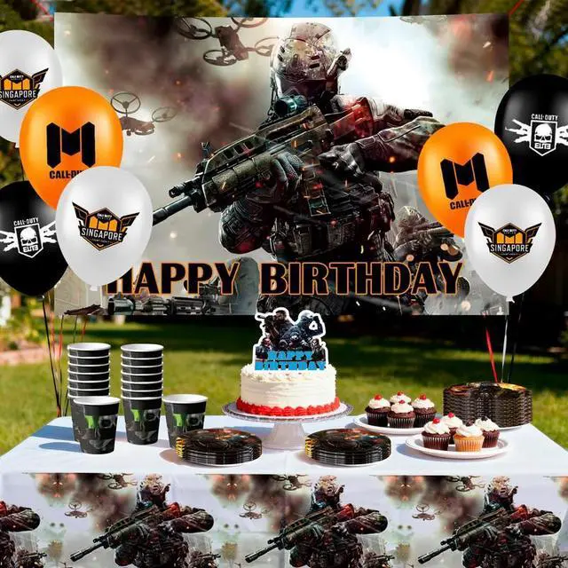 Alt view image 5 of 7 - 98 Pcs Call of Duty Party Decorations & Tableware Set - Call of Duty Cake Toppers Balloons Backdrop Cups etc. Call of Duty Themed Party Decorations for Boys