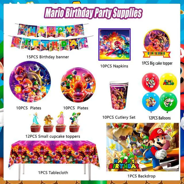 Alt view image 2 of 7 - Super Mario Party Supplies, 112pcs Mario Birthday Decorations & Tableware Set - Super Mario Balloons Banner Backdrop & Mario Party Table Cloth Plates Cups etc Super Mario Birthday Party Supplies
