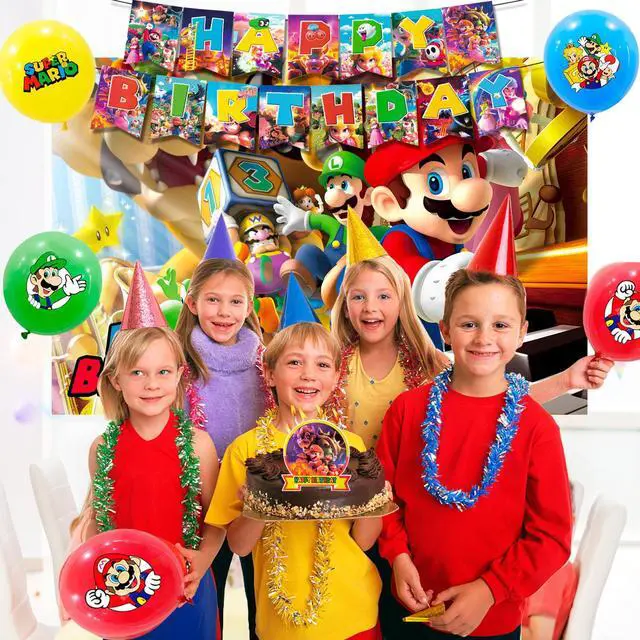Alt view image 3 of 7 - Super Mario Party Supplies, 112pcs Mario Birthday Decorations & Tableware Set - Super Mario Balloons Banner Backdrop & Mario Party Table Cloth Plates Cups etc Super Mario Birthday Party Supplies