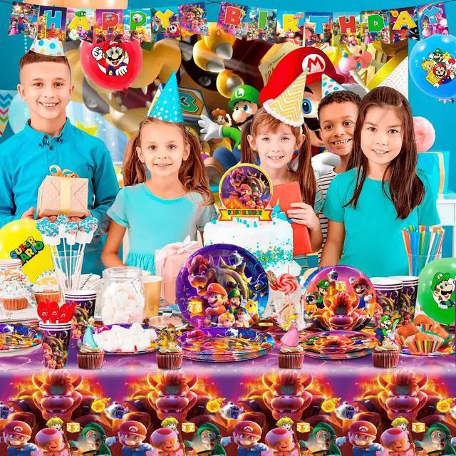 Alt view image 4 of 7 - Super Mario Party Supplies, 112pcs Mario Birthday Decorations & Tableware Set - Super Mario Balloons Banner Backdrop & Mario Party Table Cloth Plates Cups etc Super Mario Birthday Party Supplies
