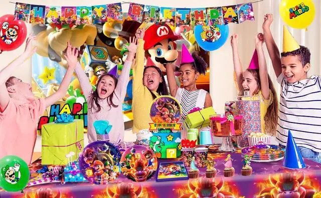 Alt view image 5 of 7 - Super Mario Party Supplies, 112pcs Mario Birthday Decorations & Tableware Set - Super Mario Balloons Banner Backdrop & Mario Party Table Cloth Plates Cups etc Super Mario Birthday Party Supplies