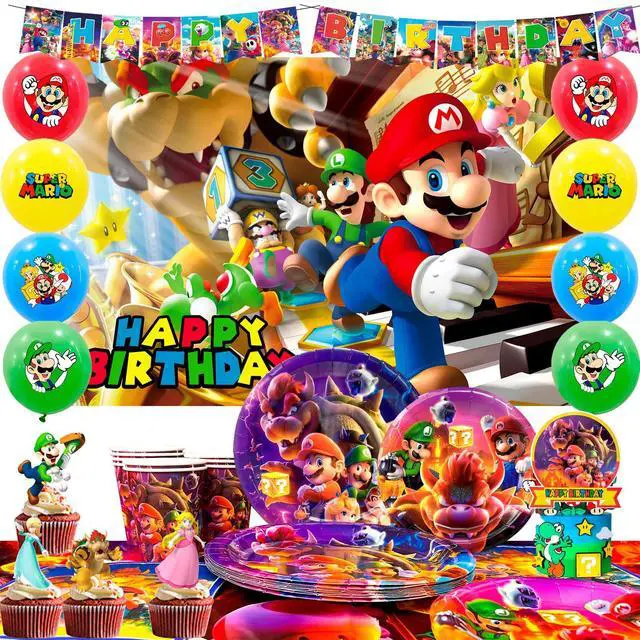 Main image of Super Mario Party Supplies, 112pcs Mario Birthday Decorations & Tableware Set - Super Mario Balloons Banner Backdrop & Mario Party Table Cloth Plates Cups etc Super Mario Birthday Party Supplies