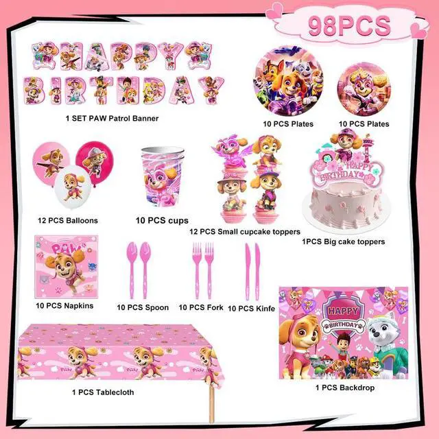Alt view image 2 of 7 - 98 Pcs Paw Patrol Party Decorations & Tableware Sets - Pink Paw Patrol Cake Toppers Balloons Backdrops Cups etc Paw Patrol Birthday Party Supplies