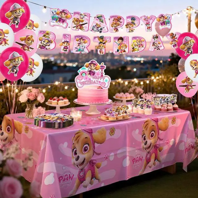 Alt view image 3 of 7 - 98 Pcs Paw Patrol Party Decorations & Tableware Sets - Pink Paw Patrol Cake Toppers Balloons Backdrops Cups etc Paw Patrol Birthday Party Supplies