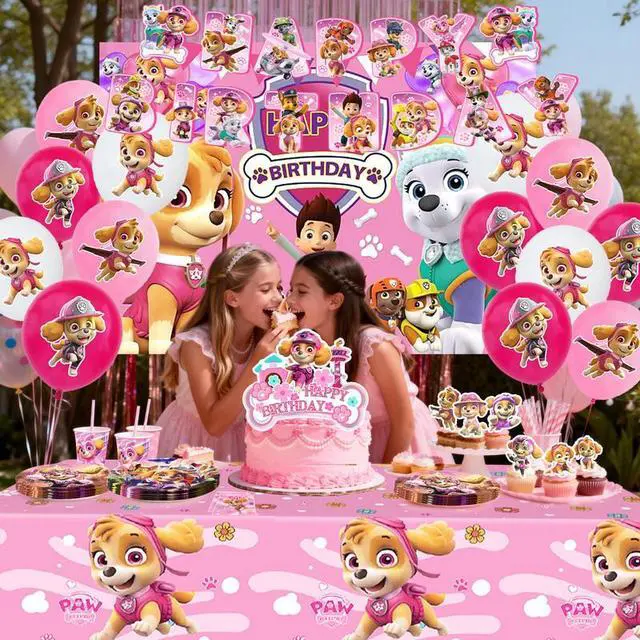 Alt view image 5 of 7 - 98 Pcs Paw Patrol Party Decorations & Tableware Sets - Pink Paw Patrol Cake Toppers Balloons Backdrops Cups etc Paw Patrol Birthday Party Supplies