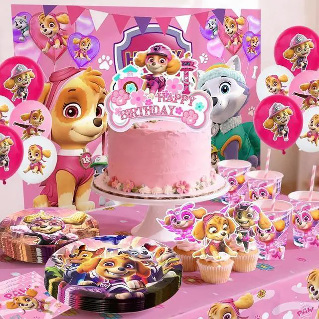 Alt view image 4 of 7 - 98 Pcs Paw Patrol Party Decorations & Tableware Sets - Pink Paw Patrol Cake Toppers Balloons Backdrops Cups etc Paw Patrol Birthday Party Supplies