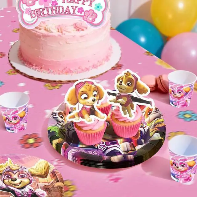 Alt view image 6 of 7 - 98 Pcs Paw Patrol Party Decorations & Tableware Sets - Pink Paw Patrol Cake Toppers Balloons Backdrops Cups etc Paw Patrol Birthday Party Supplies