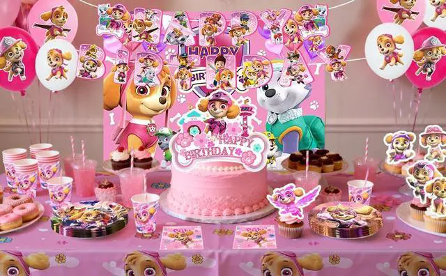 Alt view image 7 of 7 - 98 Pcs Paw Patrol Party Decorations & Tableware Sets - Pink Paw Patrol Cake Toppers Balloons Backdrops Cups etc Paw Patrol Birthday Party Supplies