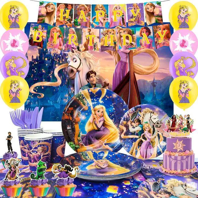 Main image of Rapunzel Birthday Decorations,112pcs Rapunzel Party Decorations & Rapunzel Tableware set- Rapunzel Birthday Plates Napkins & Rapunzel Balloons Banner Cake Topper etc Rapunzel Birthday Party Supplies