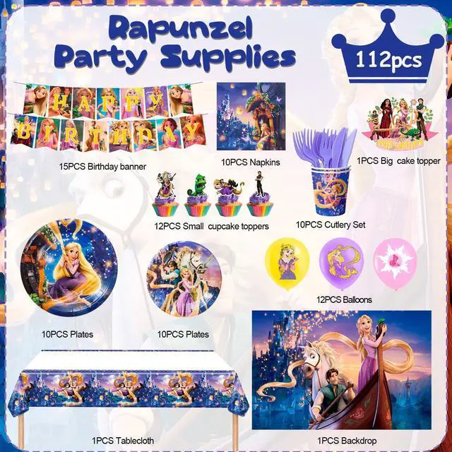 Alt view image 2 of 7 - Rapunzel Birthday Decorations,112pcs Rapunzel Party Decorations & Rapunzel Tableware set- Rapunzel Birthday Plates Napkins & Rapunzel Balloons Banner Cake Topper etc Rapunzel Birthday Party Supplies