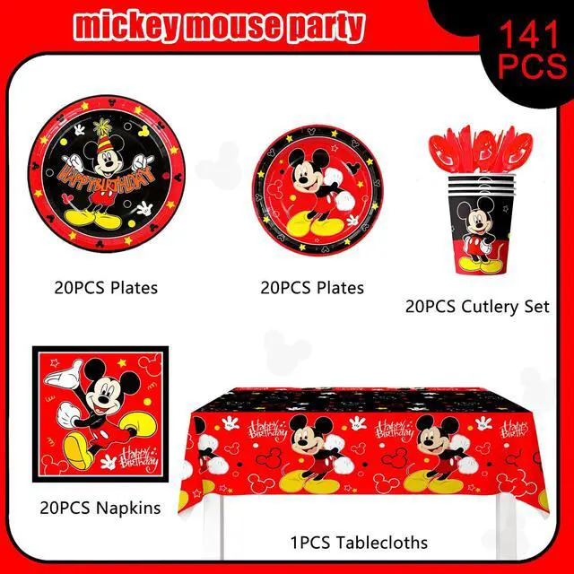 Alt view image 2 of 7 - Mickey Mouse Party Supplies, 141pcs Mickey Mouse Birthday Tableware Set - Mickey Mouse Paper Plates and Napkins & Mickey Party Cups Tablecloth etc Mickey Mouse Theme Party Tableware for Boys Kids