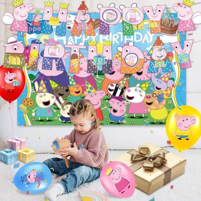 Alt view image 4 of 7 - Peppa Pig Birthday Party Supplies, 112 Pcs Peppa Pig Party Decorations & Tableware Set - Peppa Pig Cake Toppers Balloons Backdrop Cups etc. Peppa Pig Themed Birthday Party Decorations for boys/girls